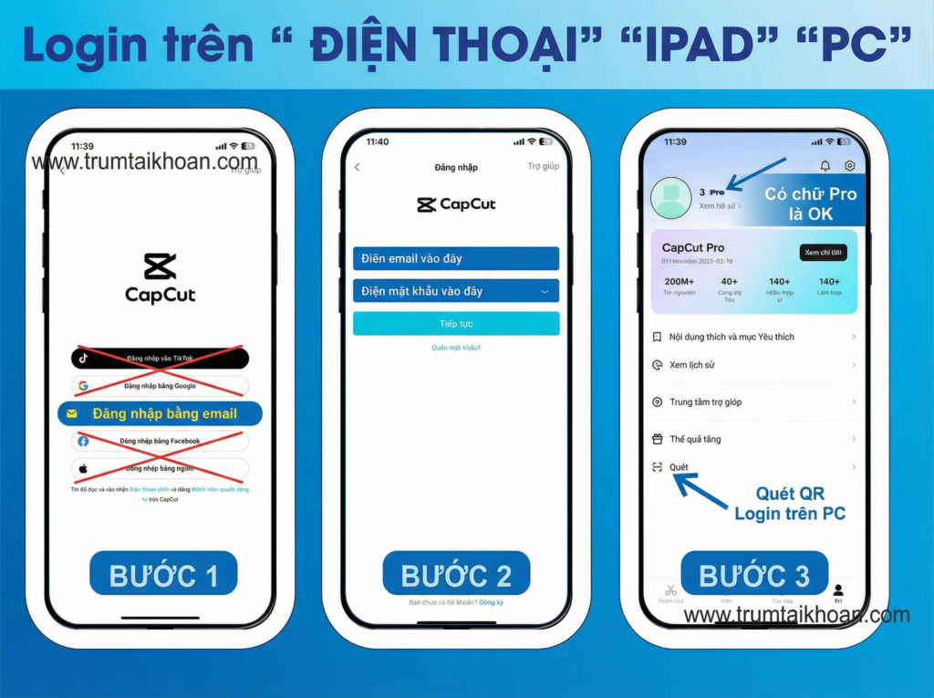 Hướng dẫn đăng nhập tài khoản Capcut Pro